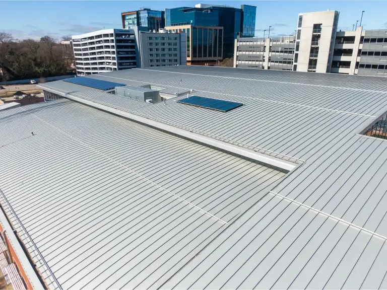 Standing-seam metal roof on a large commercial building