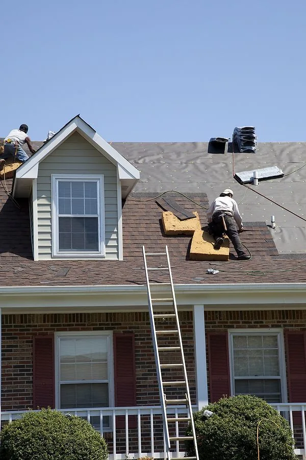Roofers stripping old shingles during a re-roof in Orleans